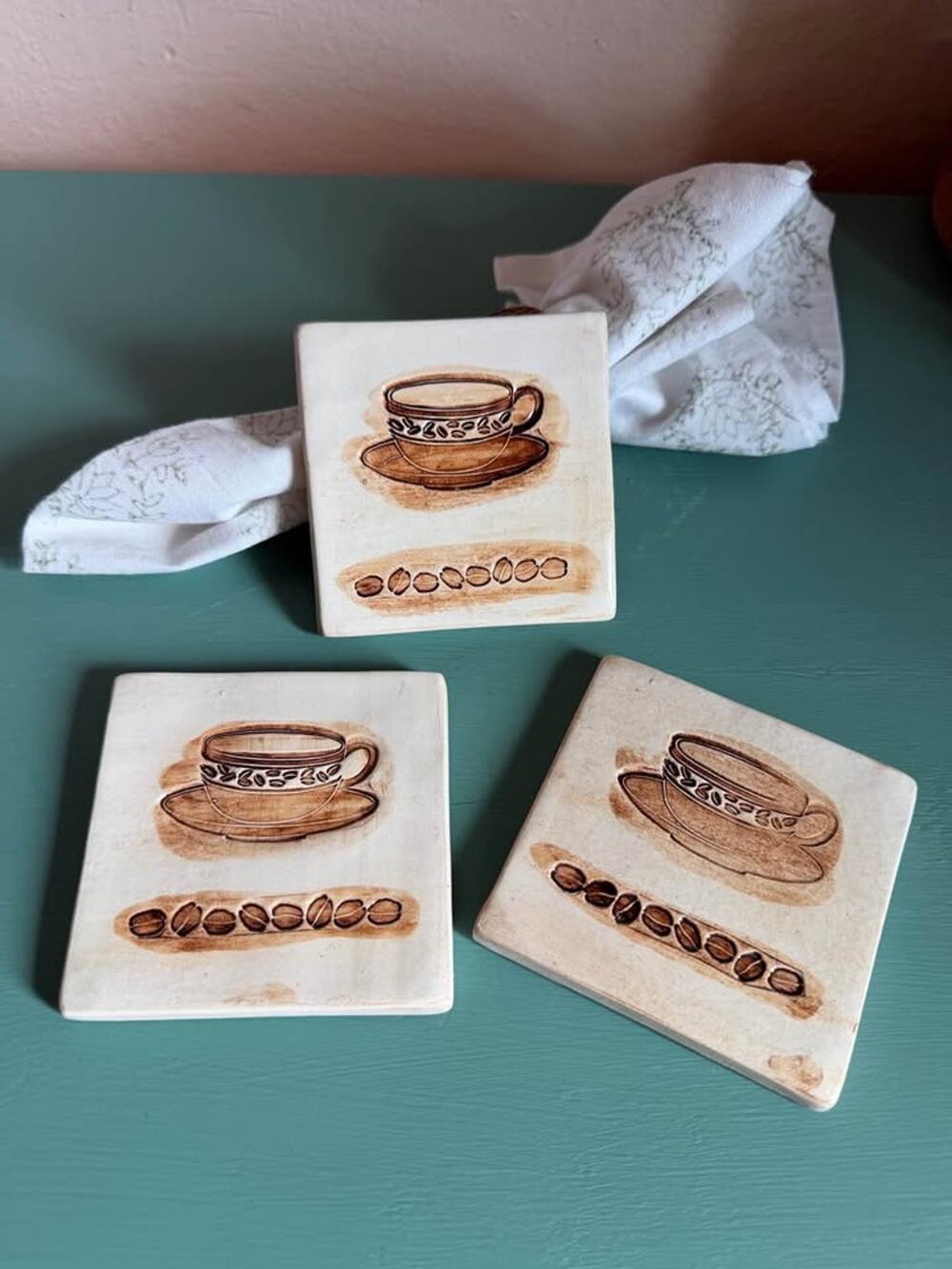 Set of 3 Ceramic Coffee-Themed Coasters | Café Kitchen Décor